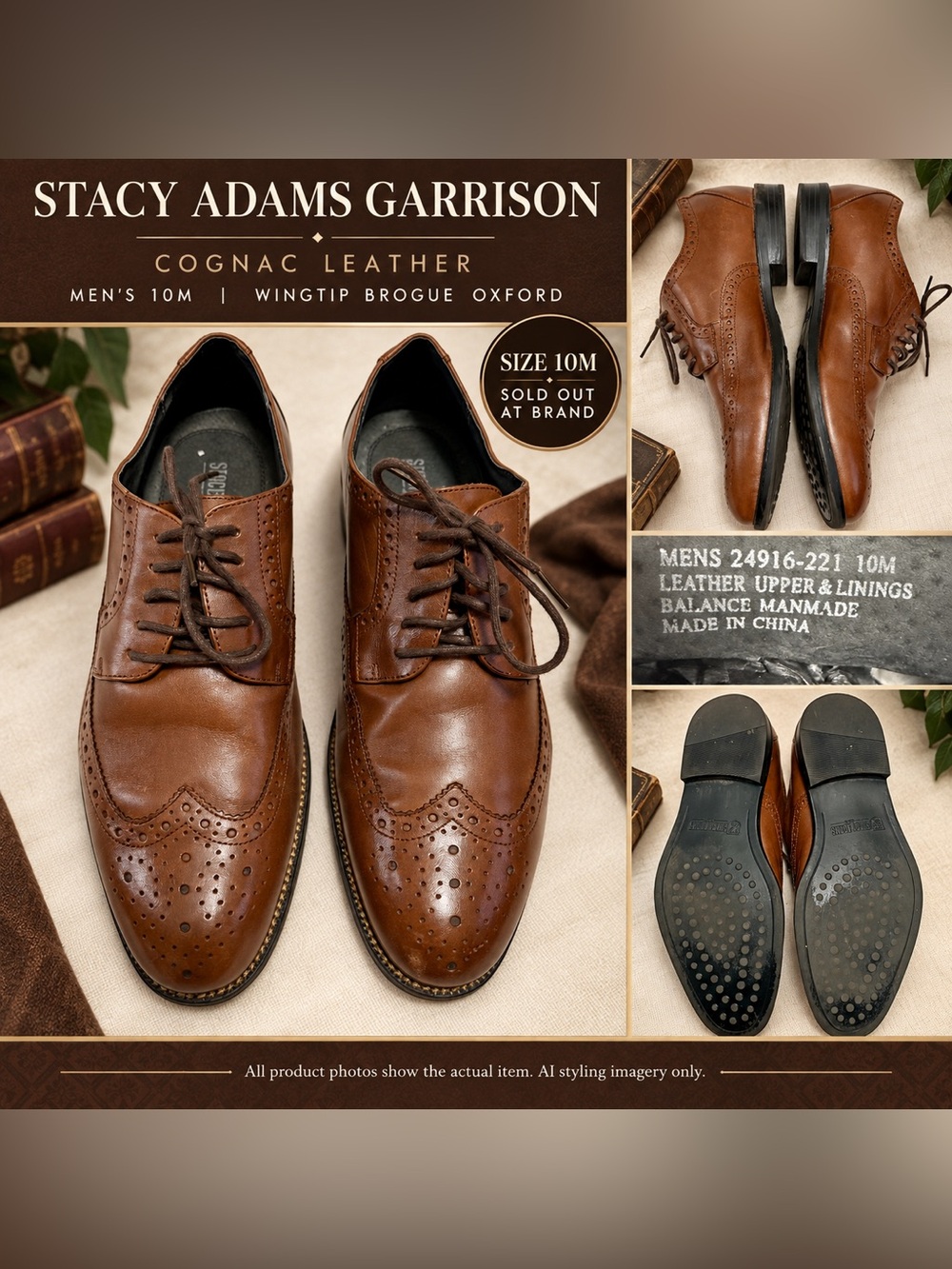Stacy Adams Garrison 10M Cognac Leather Wingtip Brogue Oxford Dress Shoes 24916